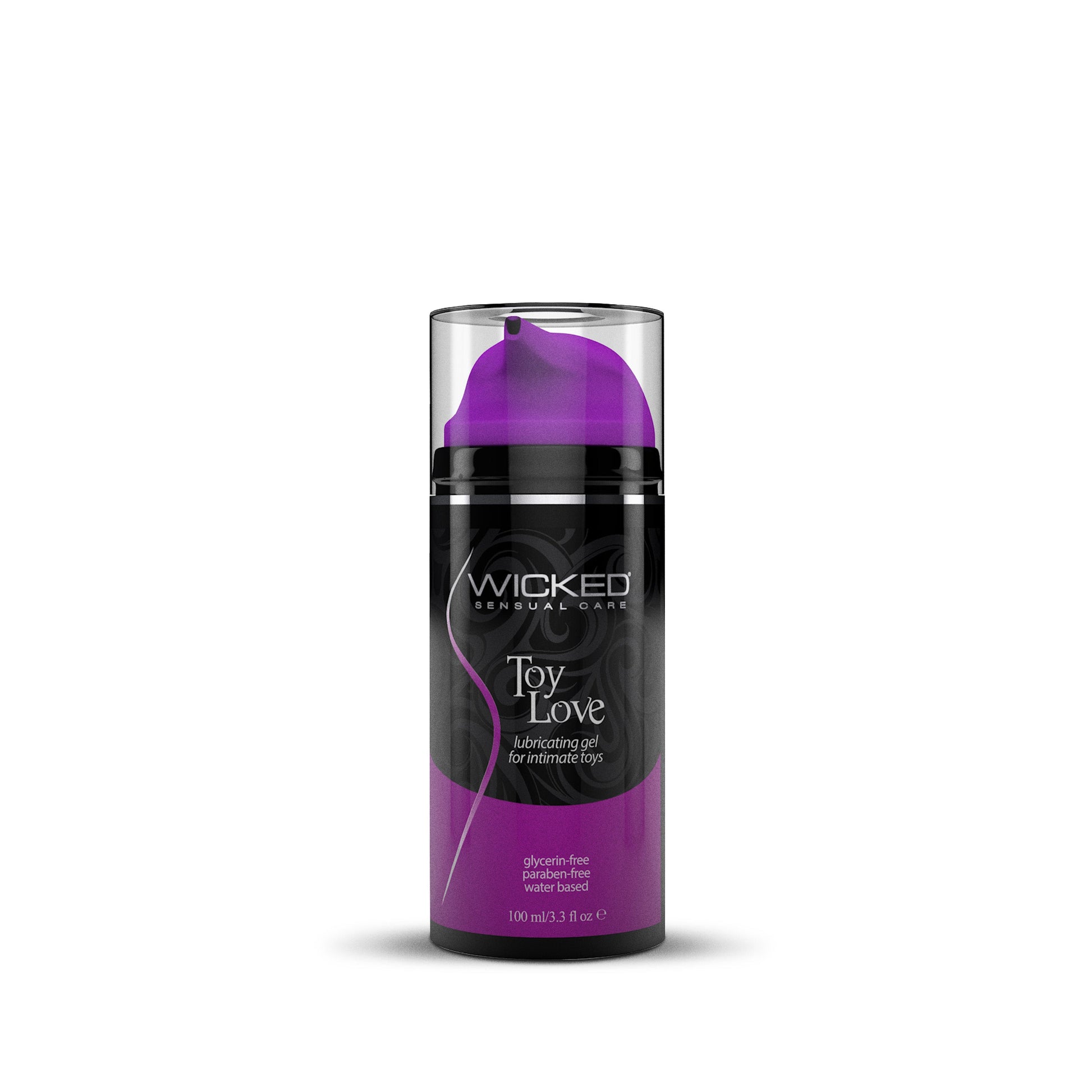 Wicked Toy Love lubricating gel in a pump bottle with a purple dispenser.