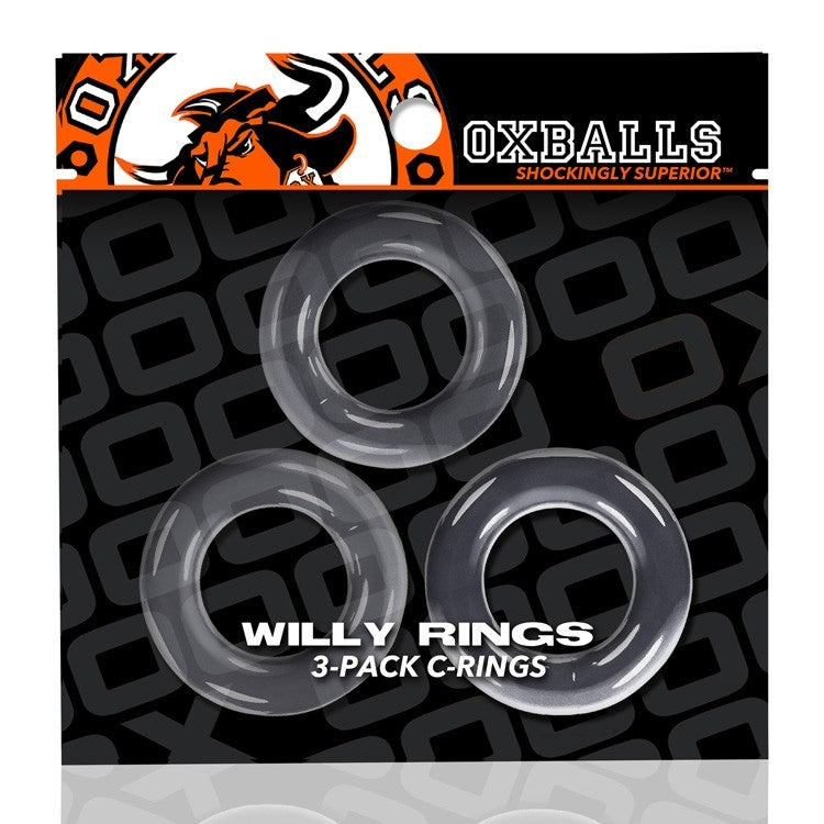 Three clear, stretchy cock rings from Oxballs.