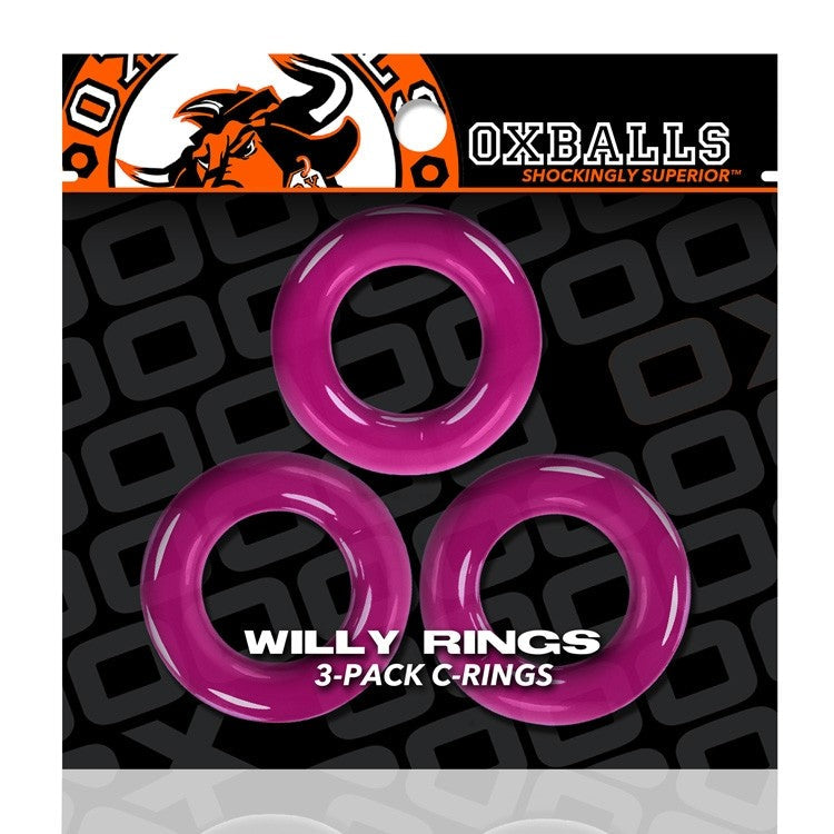 Three hot pink stretchy TPR cock rings from Oxballs.