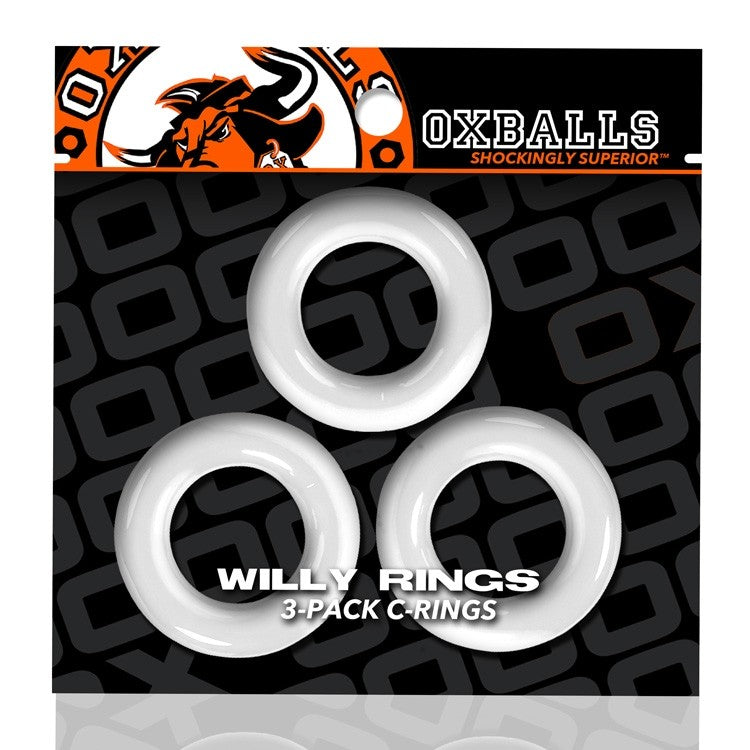 Three white stretchy cock rings from Oxballs.