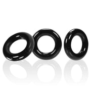 Three black, stretchy TPR cock rings of varying sizes.