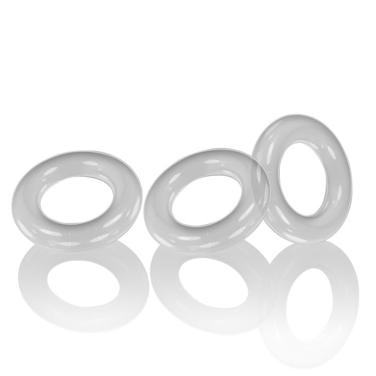 Three clear, stretchy cock rings made of Flextpr material.