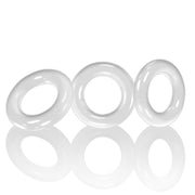 Three clear, flexible rings of varying sizes.