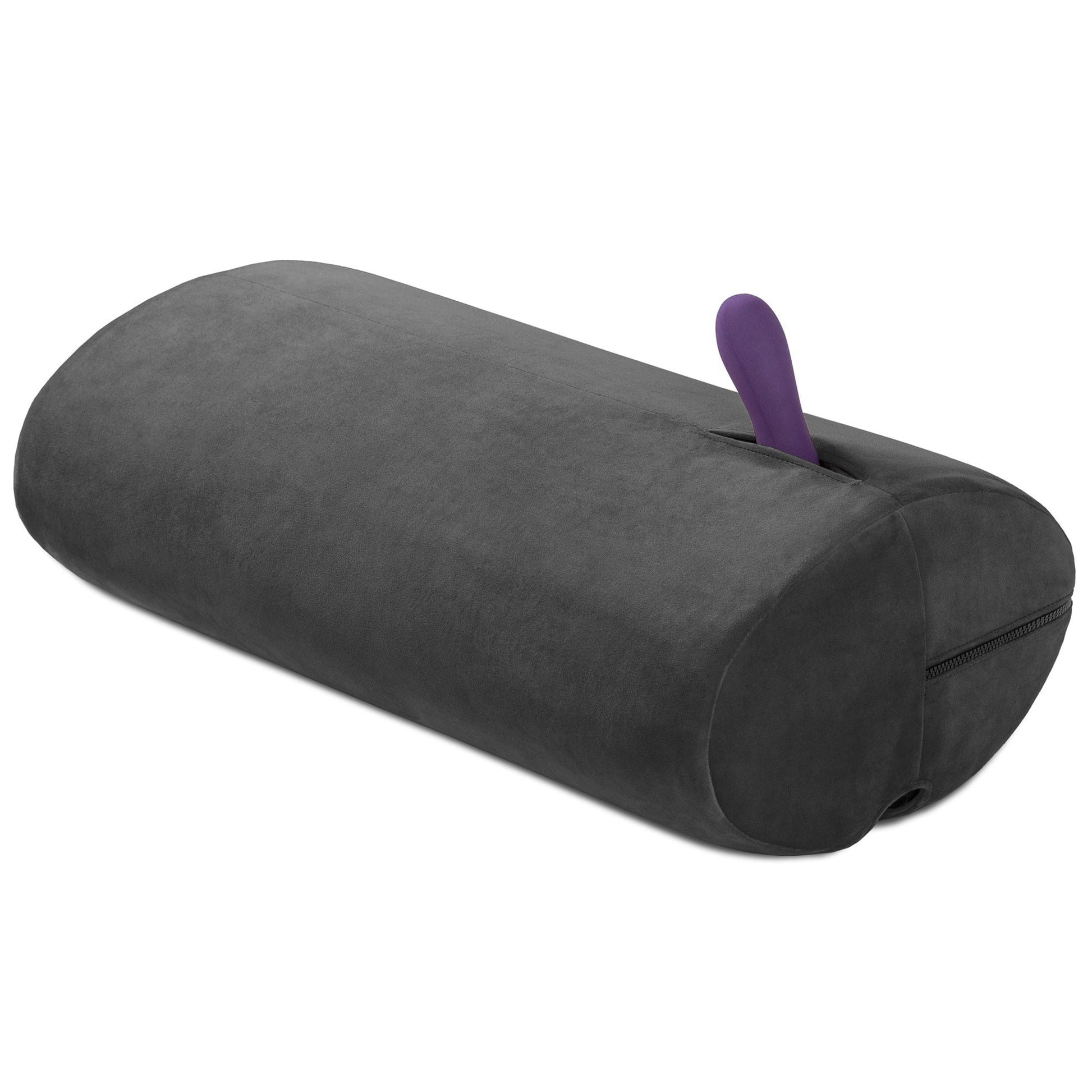 Black microvelvet sex toy mount and positioning pillow with a purple toy.