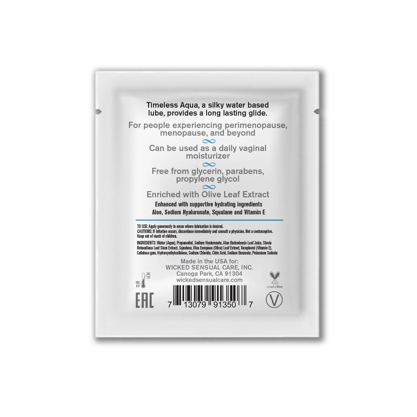 A Wicked Simply Timeless Aqua water-based lubricant sachet with ingredient list.