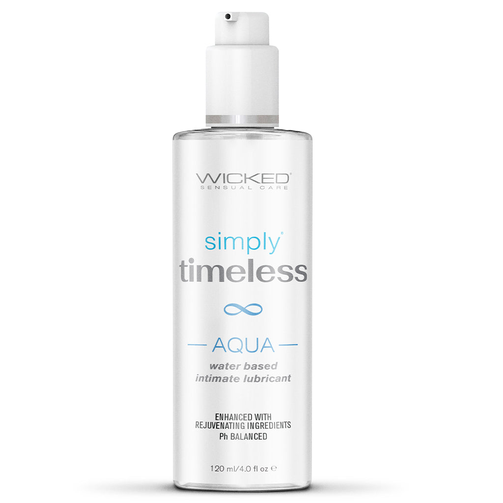 Wicked Simply Timeless Aqua water-based intimate lubricant in a clear pump bottle.