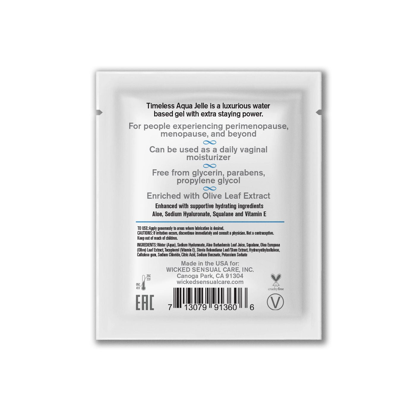 Aqua Jelle personal lubricant sachet with ingredients and cruelty-free logo.