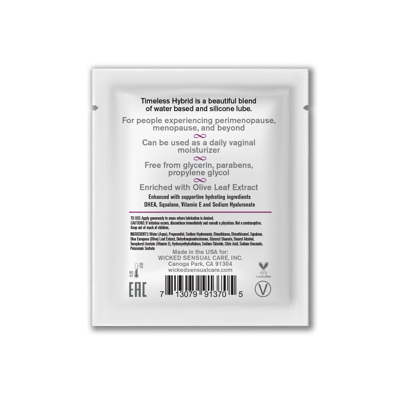 A single-use sachet of Wicked Timeless Hybrid lubricant with ingredients listed.