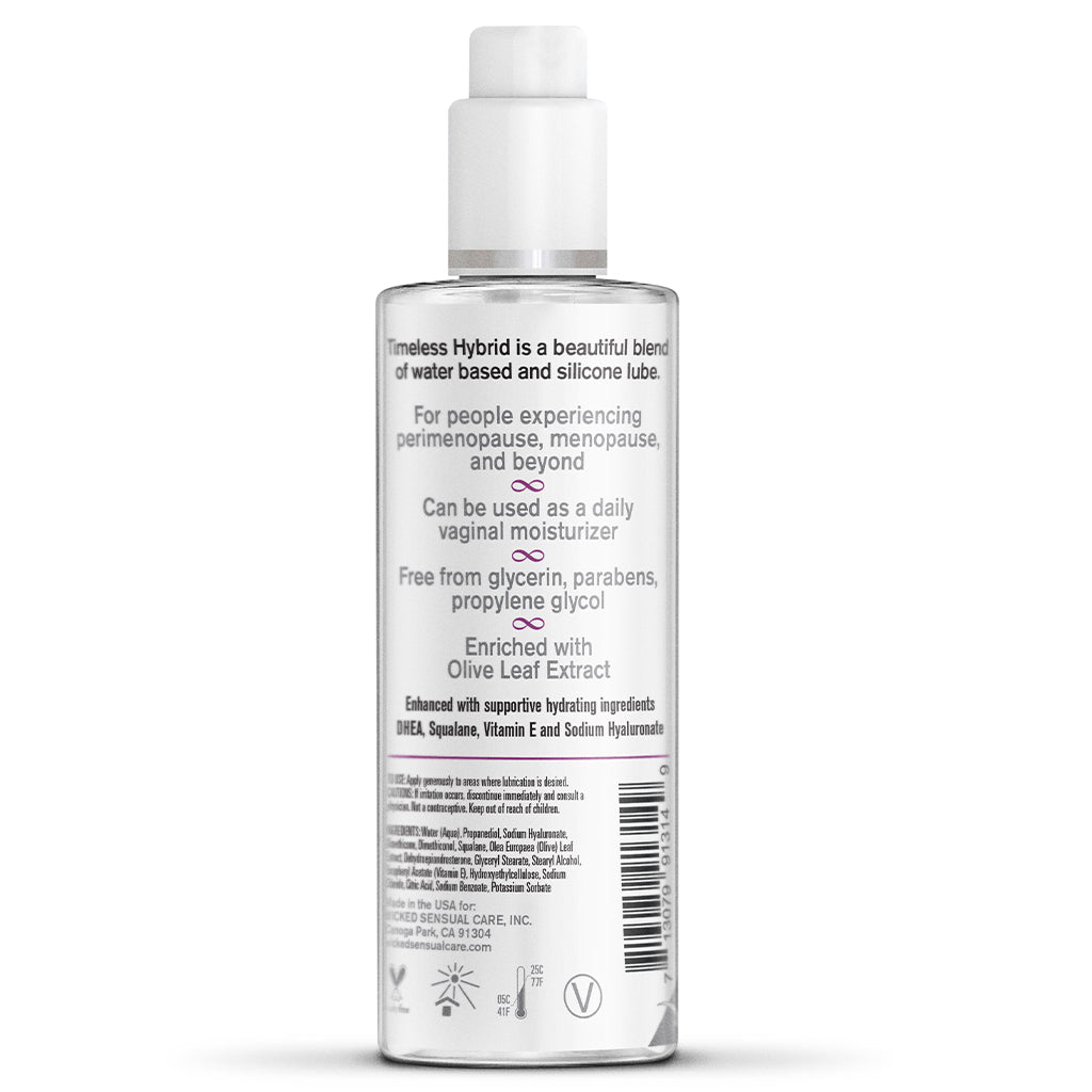 Timeless Hybrid personal lubricant bottle with text describing its benefits.