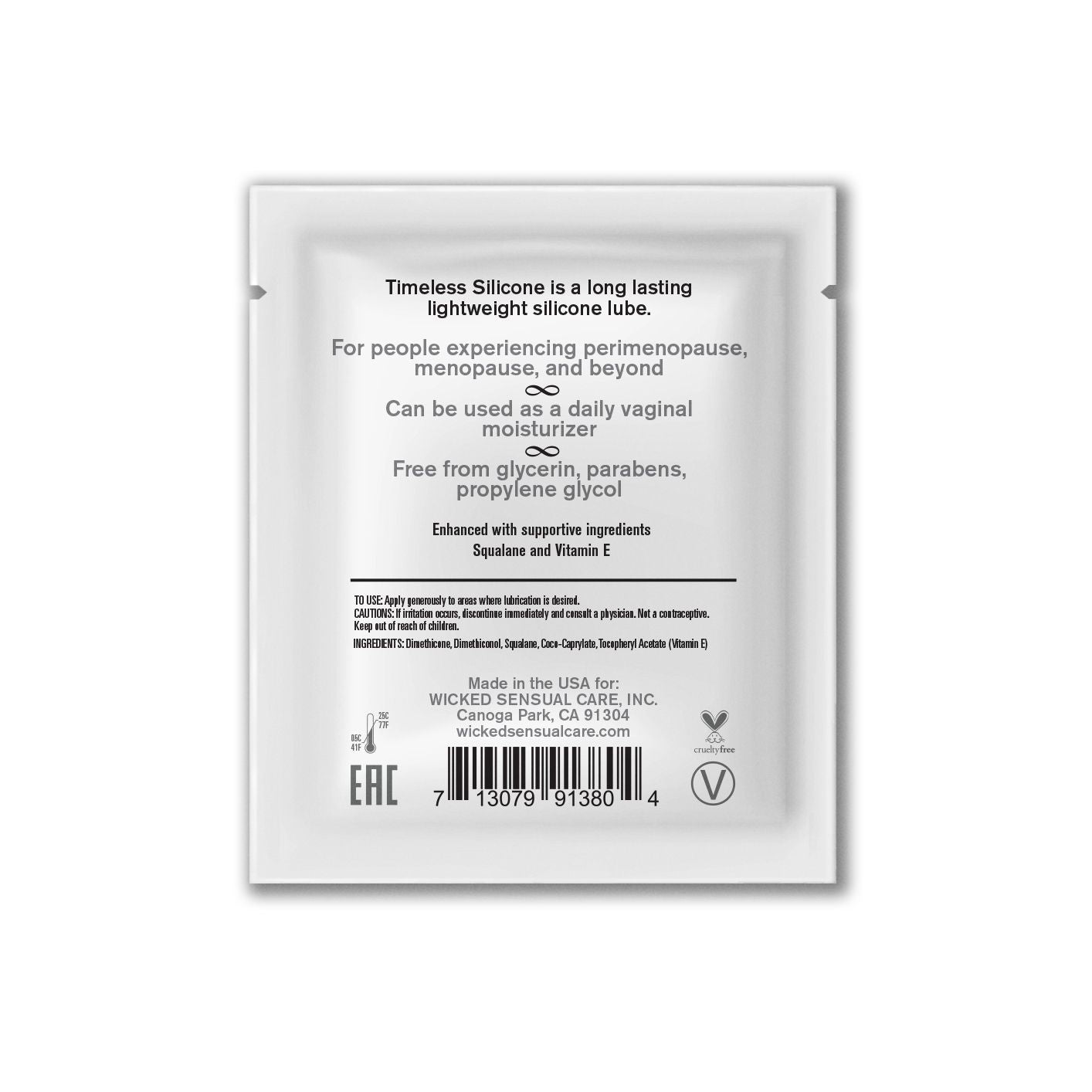 A sample packet of Wicked Timeless Silicone lubricant with ingredients and usage instructions.