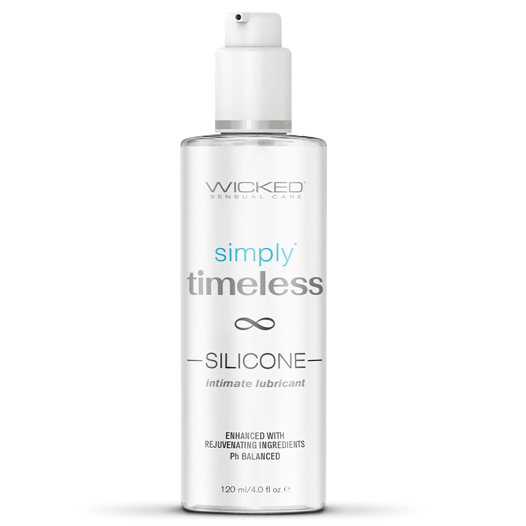 Wicked Simply Timeless silicone intimate lubricant in a clear pump bottle.