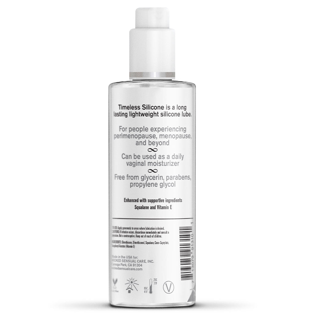 Clear bottle of Simply Timeless silicone lubricant with product information.