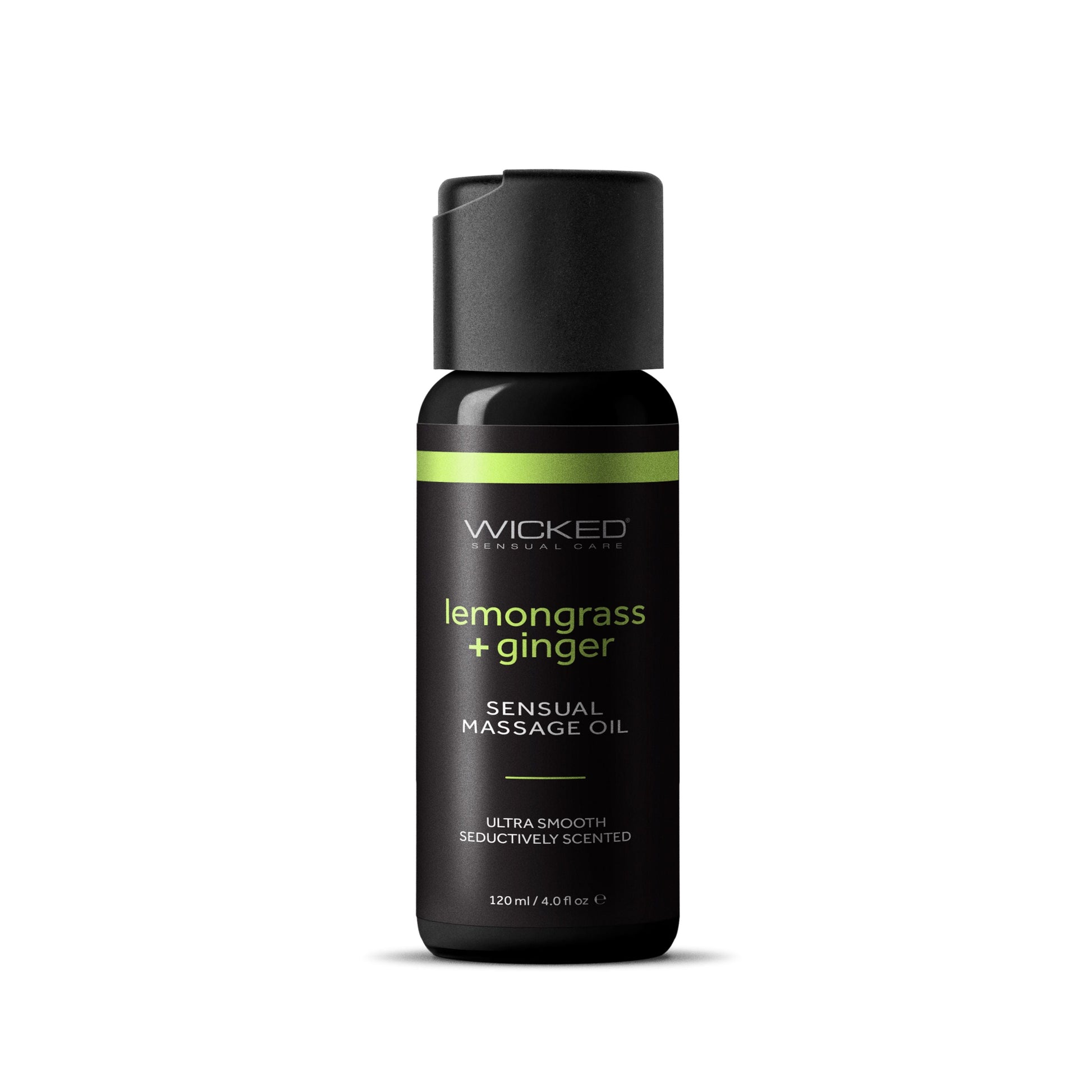 Wicked Lemongrass & Ginger Sensual Massage Oil bottle with a black cap.