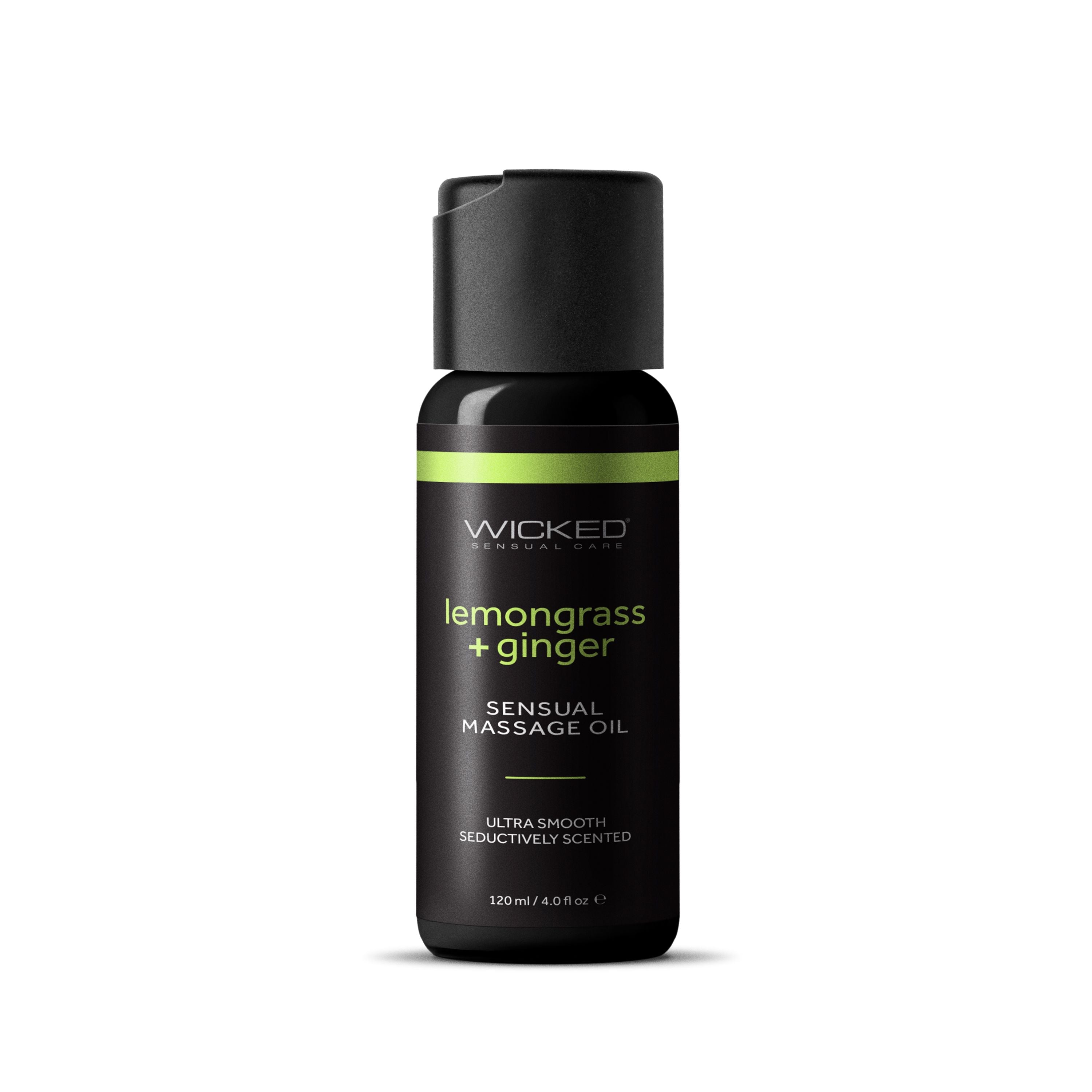 Wicked Lemongrass & Ginger Sensual Massage Oil bottle with a black cap.