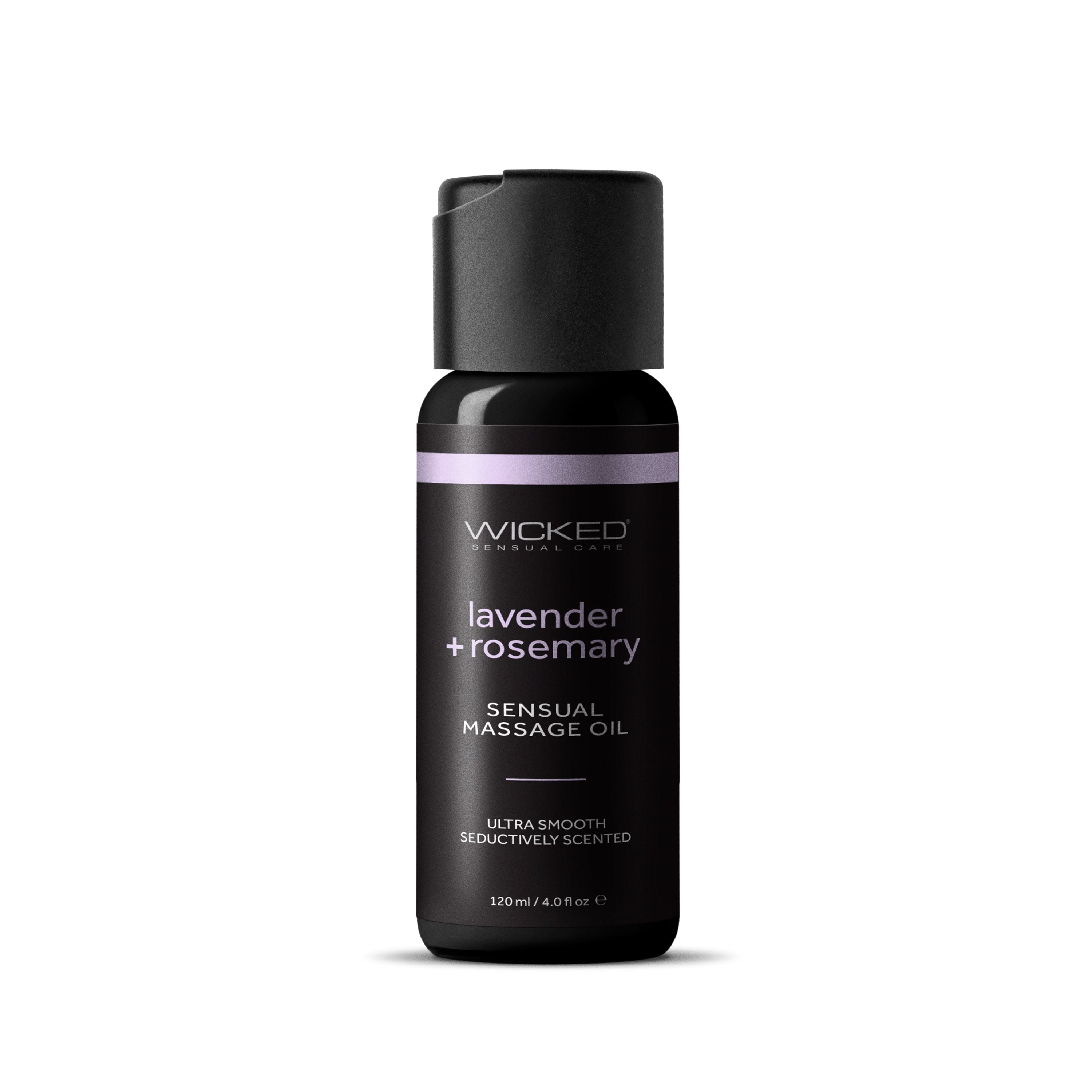 Wicked Lavender & Rosemary Sensual Massage Oil bottle with black cap.