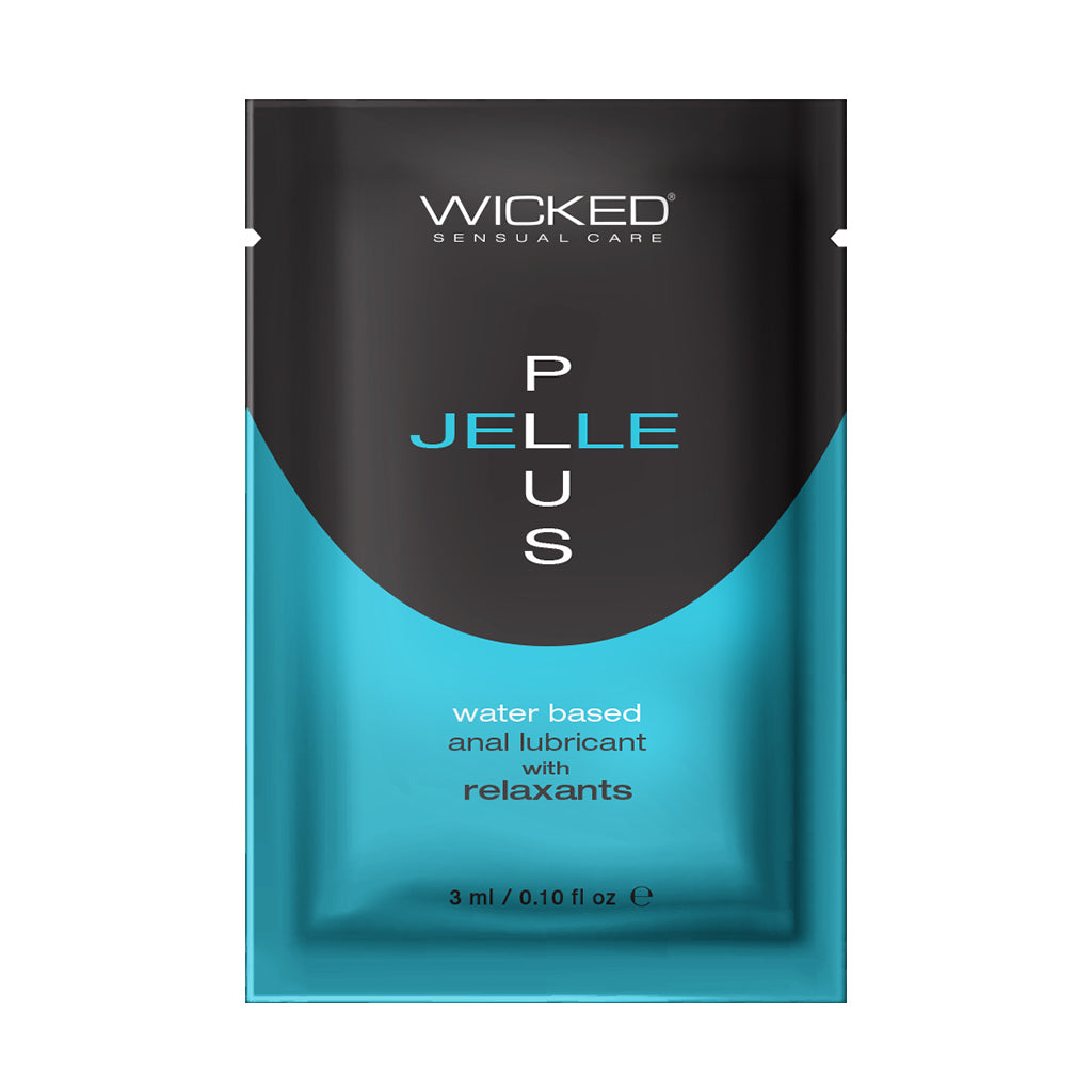 Wicked Sensual Care Anal Jelle Plus water-based lubricant sachet.