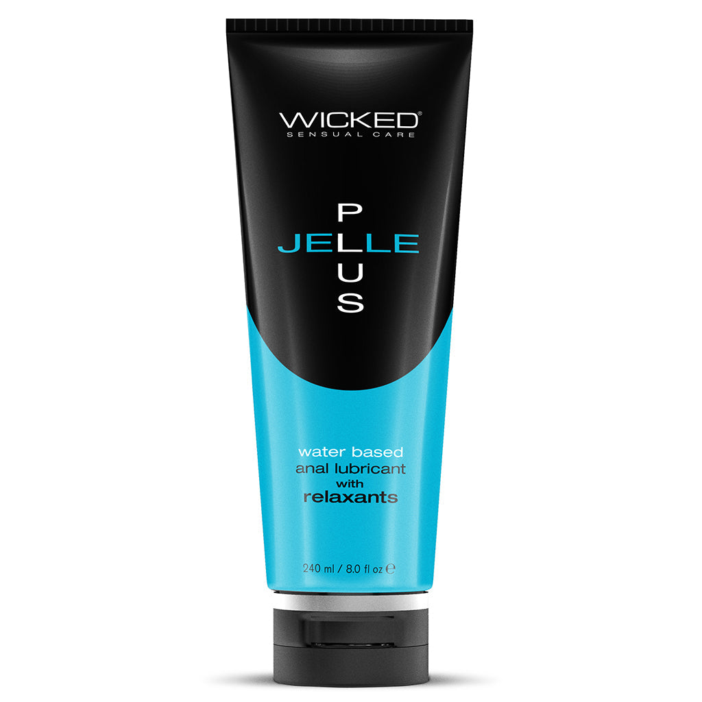 Wicked Jelle Plus water-based anal lubricant in a black and blue tube.
