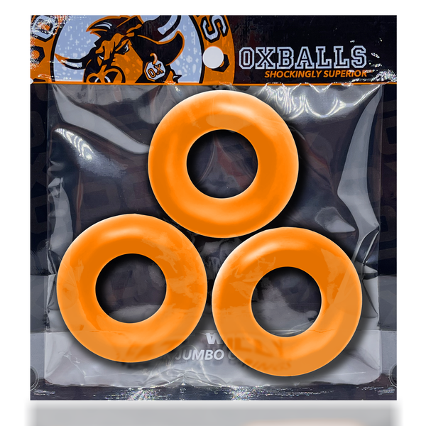 Three orange jumbo cock rings in packaging.