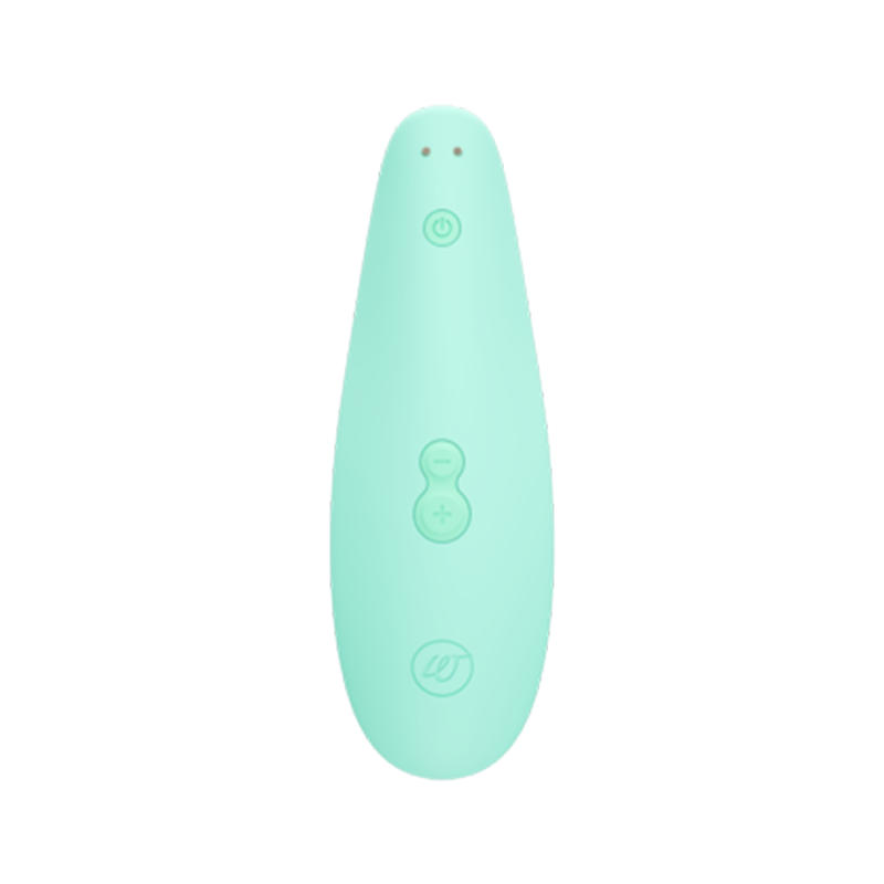 Mint green clitoral stimulator with power and intensity buttons.