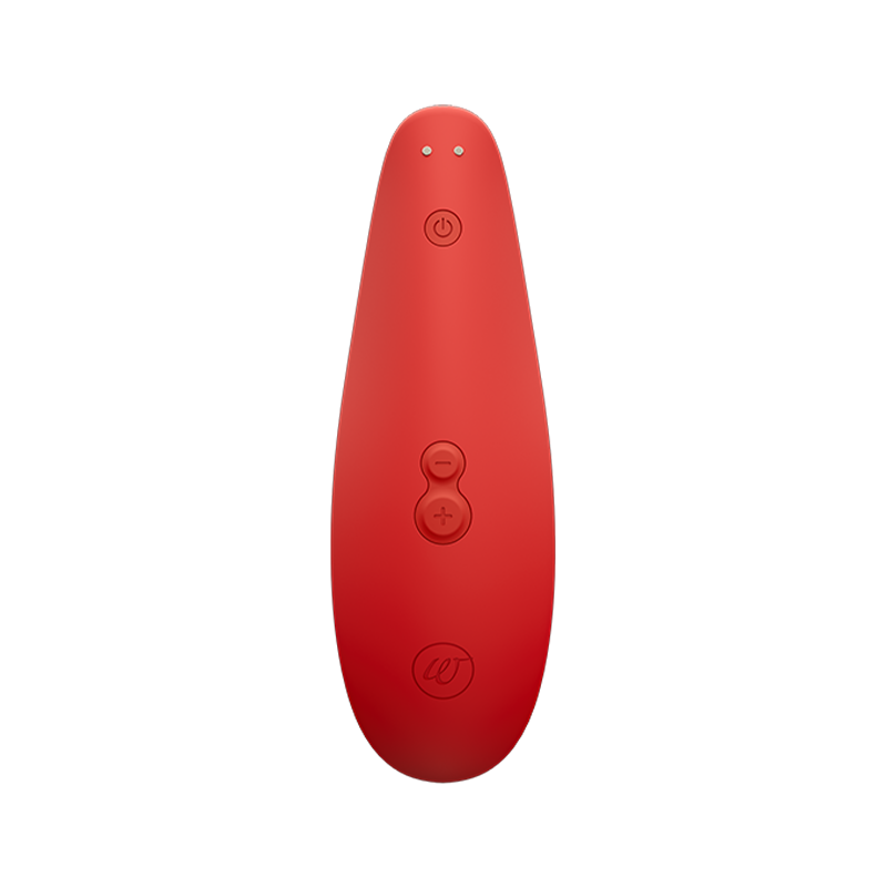 Red Womanizer Classic 2 clitoral stimulator with power and intensity buttons.