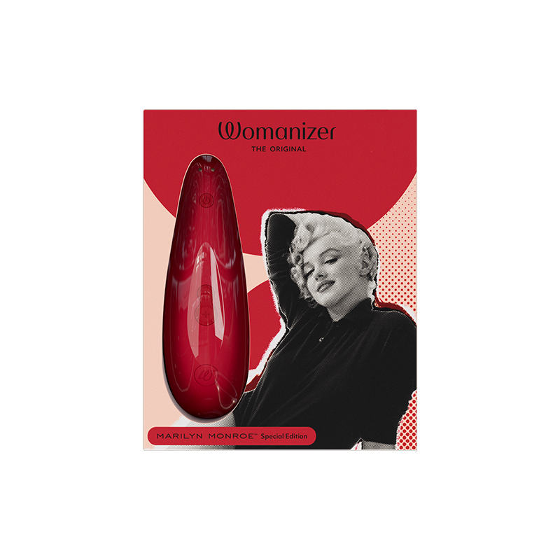 Womanizer Classic 2 Clitoral Stimulator in red with Marilyn Monroe imagery.