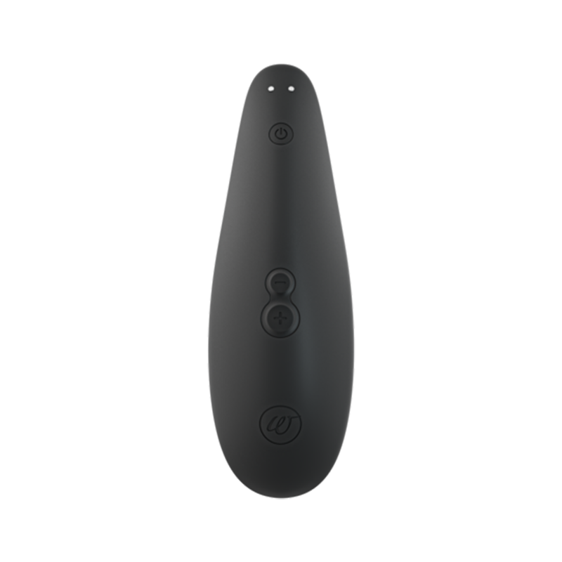 Black Womanizer clitoral stimulator with power and intensity buttons.
