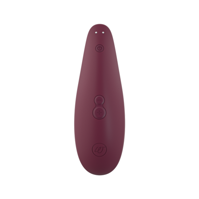 Womanizer Bordeaux clitoral stimulator with power and intensity buttons.