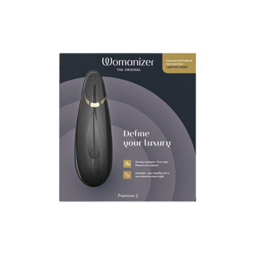 Womanizer Premium 2 clitoral vibrator in black with gold accents.