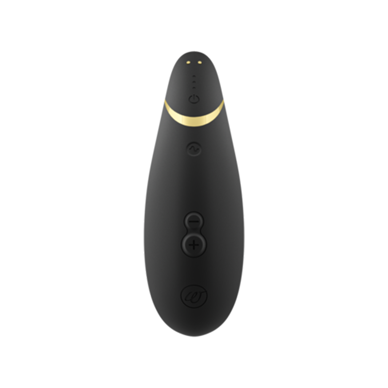 Black Womanizer Premium 2 clitoral vibrator with gold accent and buttons.