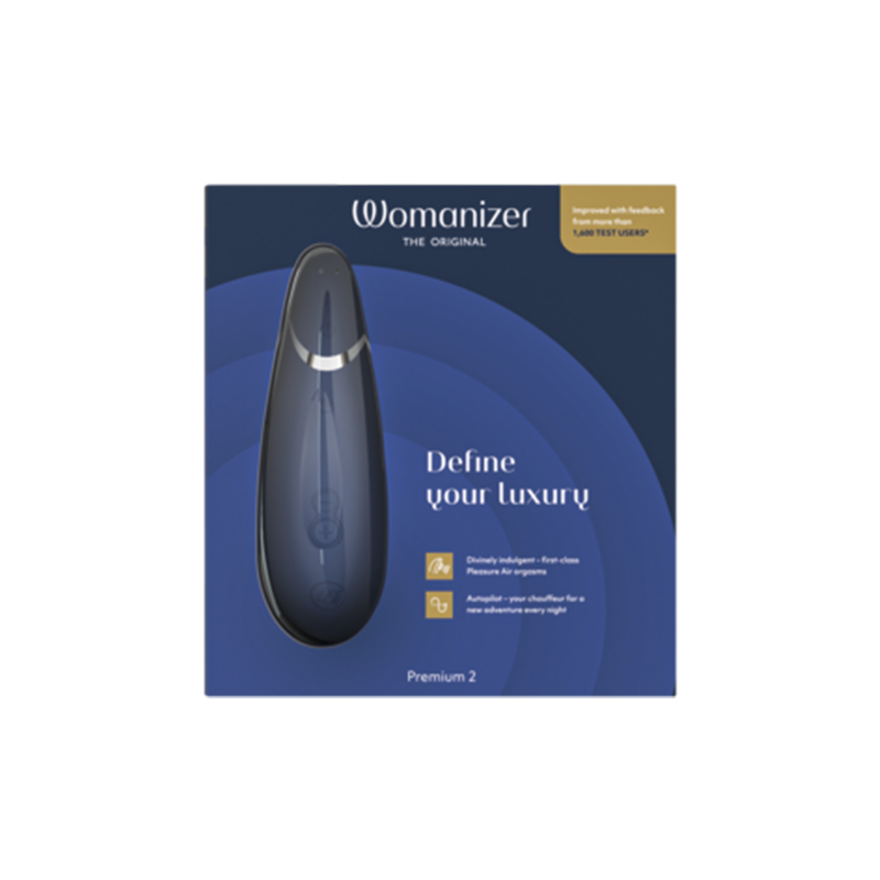 Womanizer Premium 2 clitoral vibrator in blueberry.
