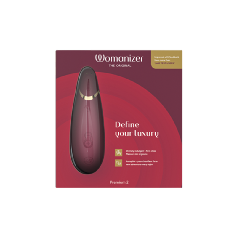 Womanizer Premium 2 clitoral vibrator in a deep red color.
