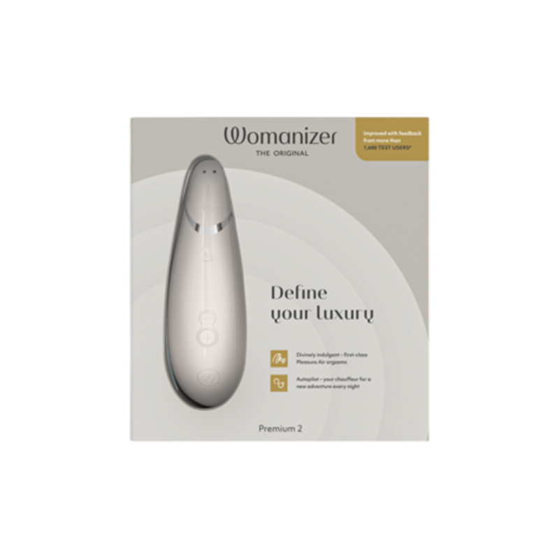 Womanizer Premium 2 clitoral vibrator in a sleek, metallic finish.