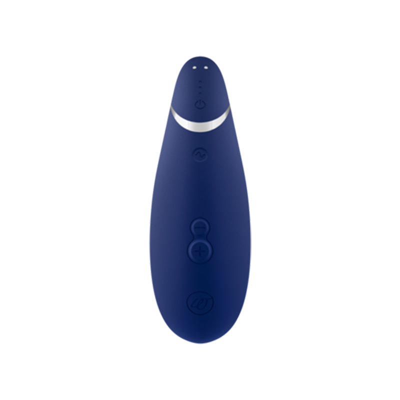 Blueberry silicone clitoral vibrator with power and intensity buttons.