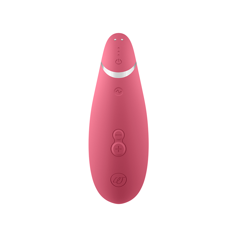 Pink clitoral vibrator with power, mode, and intensity buttons.