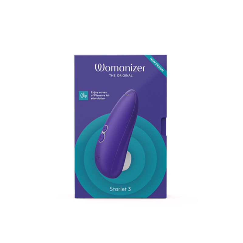 Purple Womanizer Starlet 3 clitoral stimulator on a box with waves design.