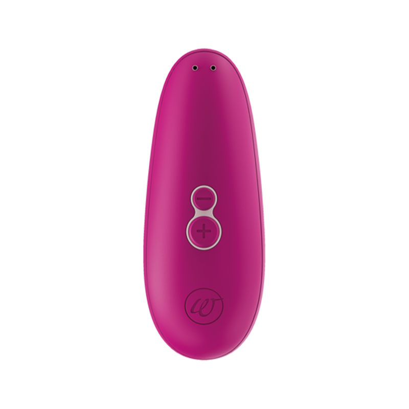 Pink Womanizer Starlet 3 clitoral stimulator with two buttons and a logo.