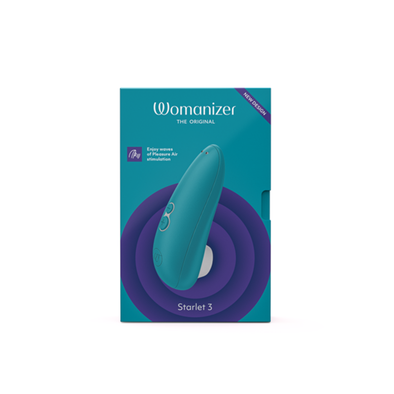 Womanizer Starlet 3 clitoral stimulator in teal with purple concentric circles.