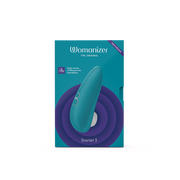 Womanizer Starlet 3 clitoral stimulator in teal with purple concentric circles.