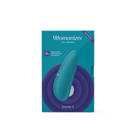 Womanizer Starlet 3 clitoral stimulator in teal with purple concentric circles.