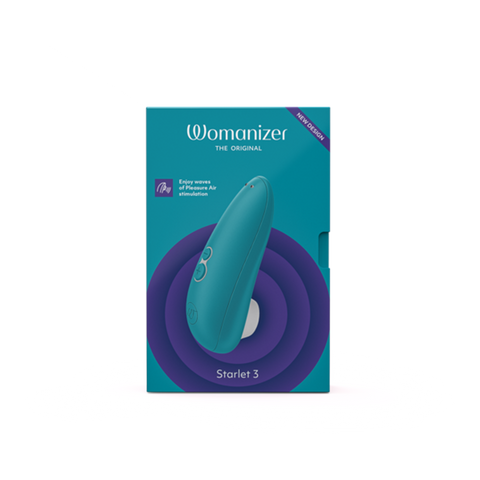 Womanizer Starlet 3 clitoral stimulator in teal with purple concentric circles.
