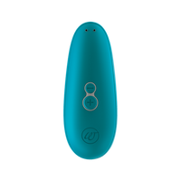 Teal Womanizer clitoral stimulator with two buttons and a logo.