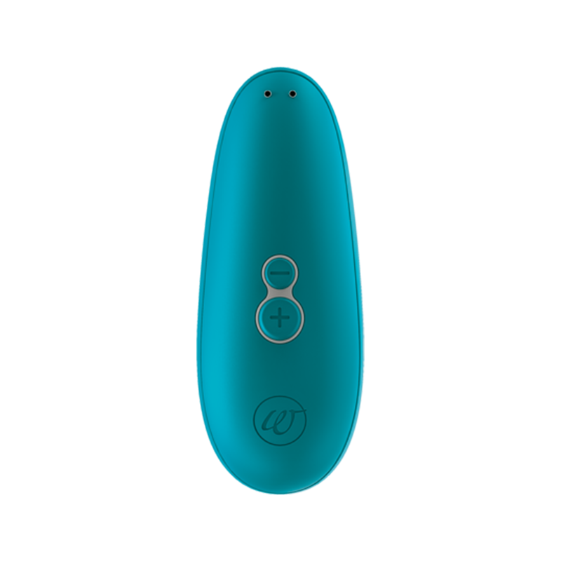 Teal Womanizer clitoral stimulator with two buttons and a logo.