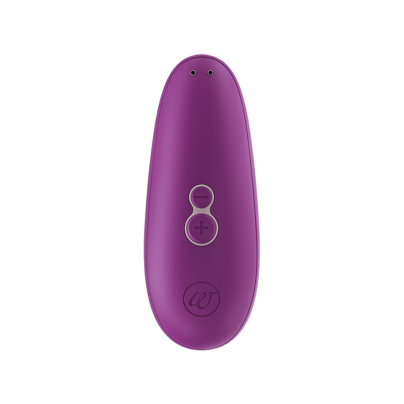 Purple Womanizer Starlet 3 clitoral stimulator with plus and minus buttons.