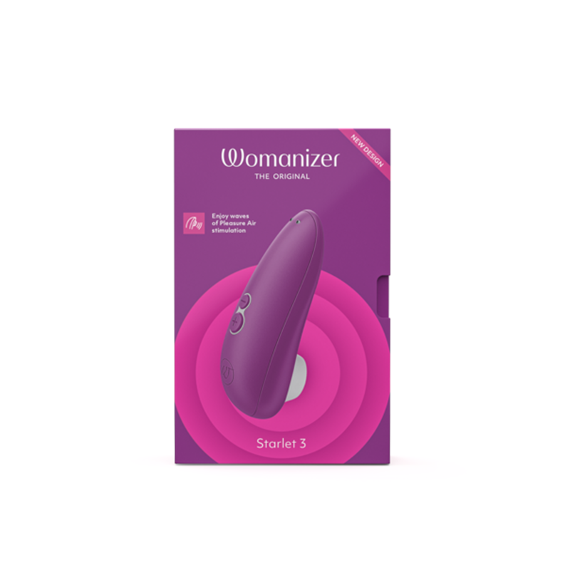 Womanizer Starlet 3 clitoral stimulator in purple with "New Design" text.
