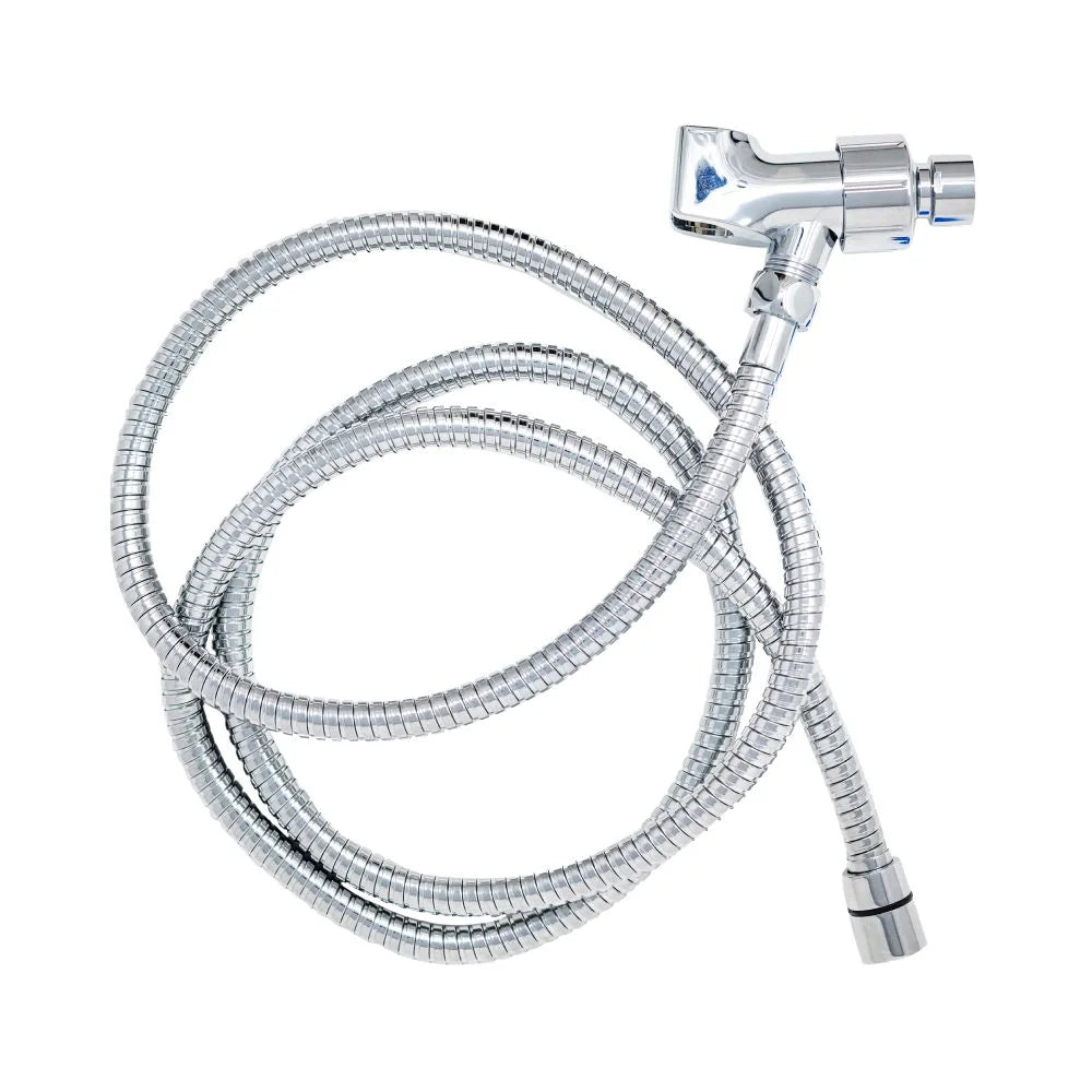 Chrome shower hose and arm mount set with a flexible metal hose.