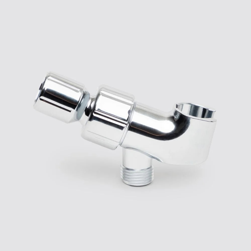 Chrome shower hose and arm mount with adjustable angle.