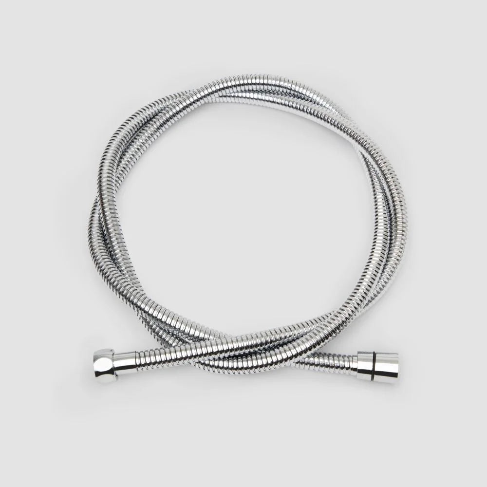 Chrome shower hose with metal connectors.