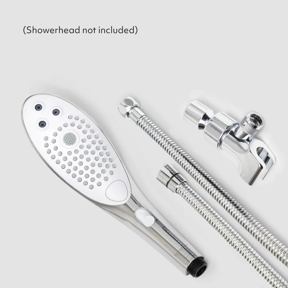 Chrome shower hose and arm mount set, showerhead not included.