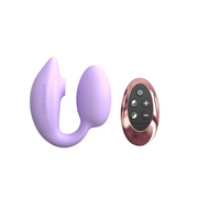 A mauve dual stimulation vibrator with a remote control.
