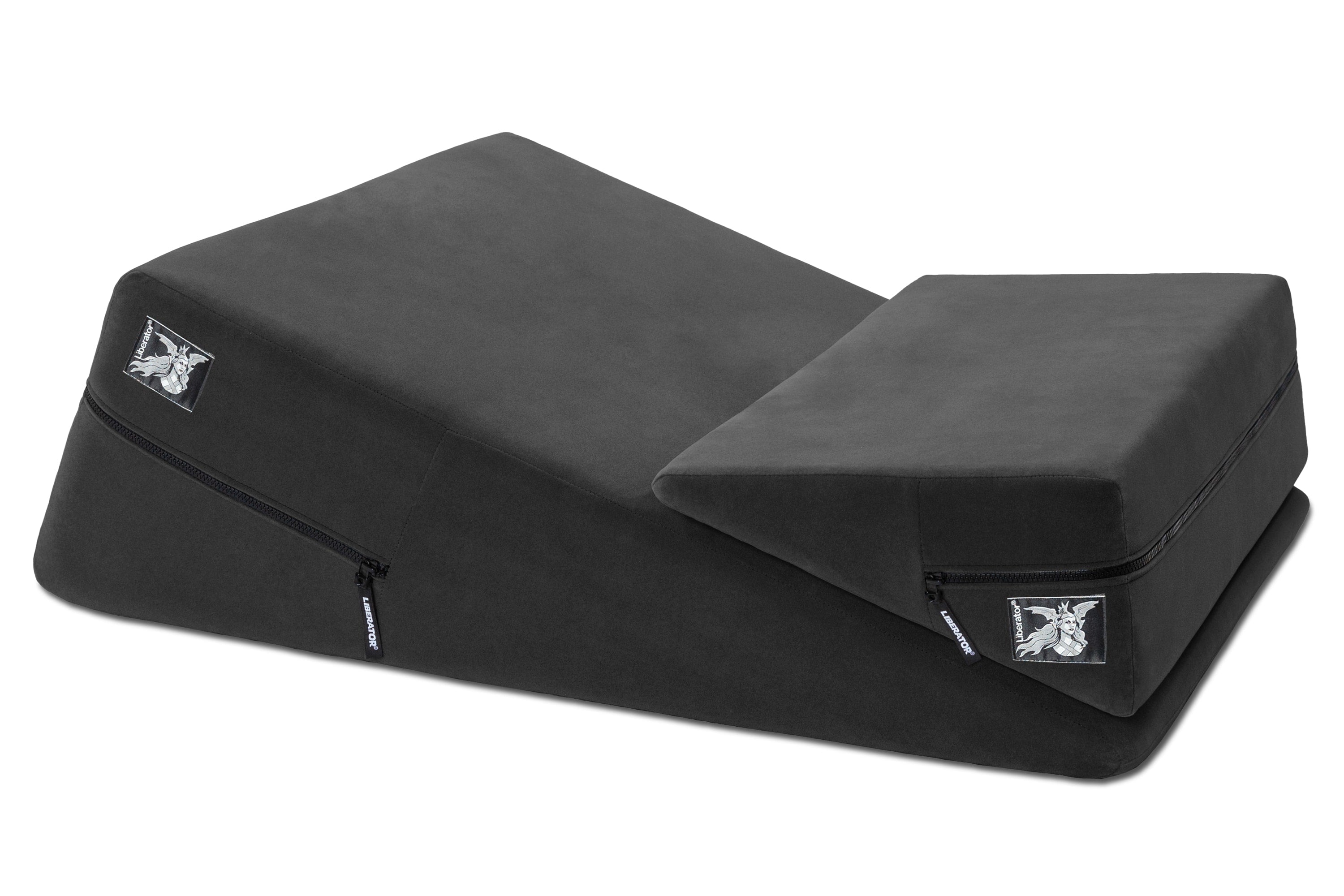 Black microfiber wedge and ramp positioning cushion with Liberator logo.